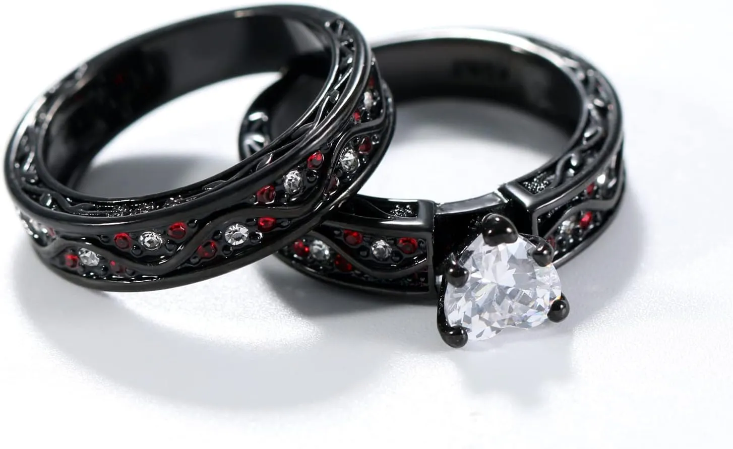 Couple Rings Black and Red Matching Rings His and Her Rings Heart CZ Women Wedding Ring Sets Titanium Men Wedding Bands