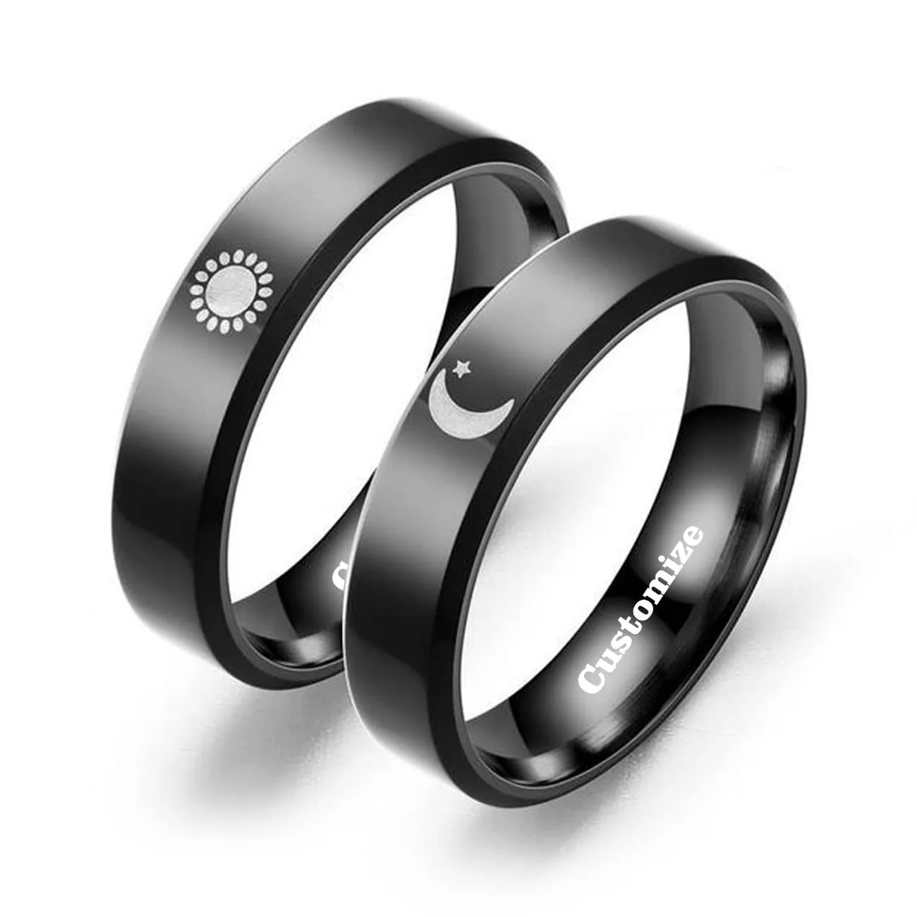 Couples Sun and Moon Ring Matching Rings for Promise Couple Ring Customized Engagement Wedding Ring Personalized Band Sets for Him and Her Stainless Steel High Polished Comfort Fit Black