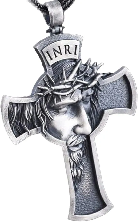 Cross Crucifix Pendant Necklace, Christian Catholic Baptism Antique Jesus Necklace, Bible Prayer Pendant Necklace Men's and Women's Gifts, (INRI,stainless steel, 22 inches long)