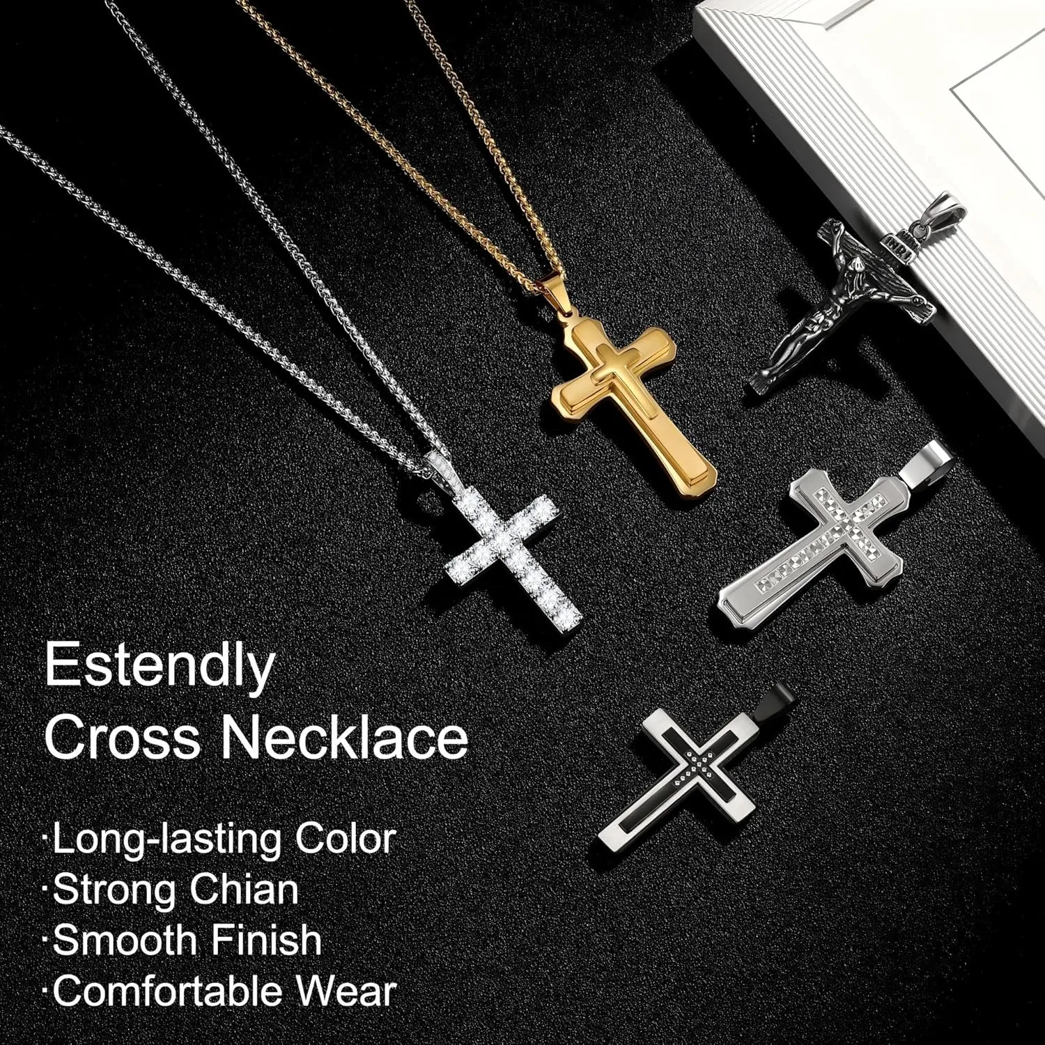Cross Necklace for Men, Gold Stainless Steel Mens Cross Chain, Cubic Zirconia Cross Pendant Necklaces Christain Jewelry Gift Wheat Chain