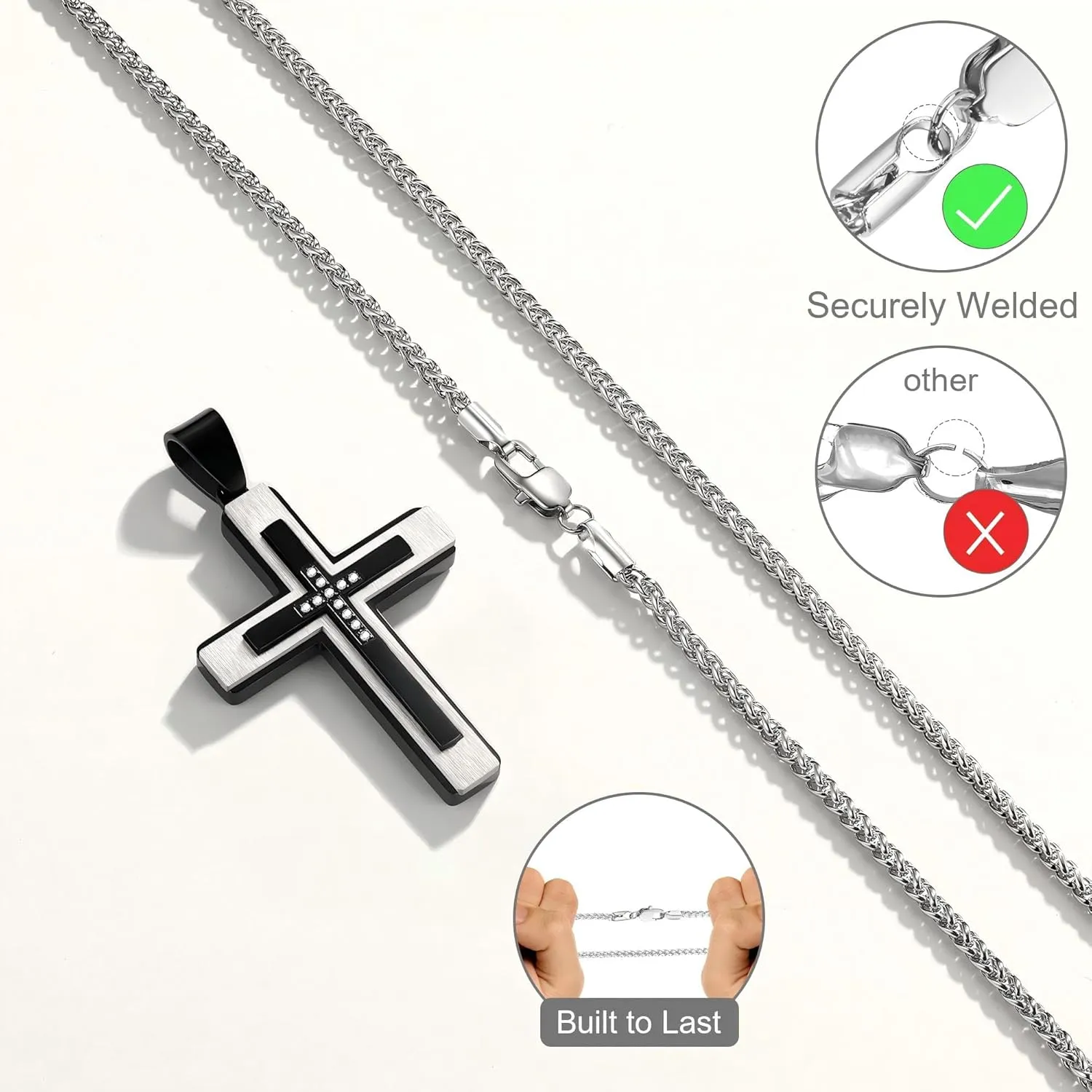 Cross Necklace for Men, Gold Stainless Steel Mens Cross Chain, Cubic Zirconia Cross Pendant Necklaces Christain Jewelry Gift Wheat Chain