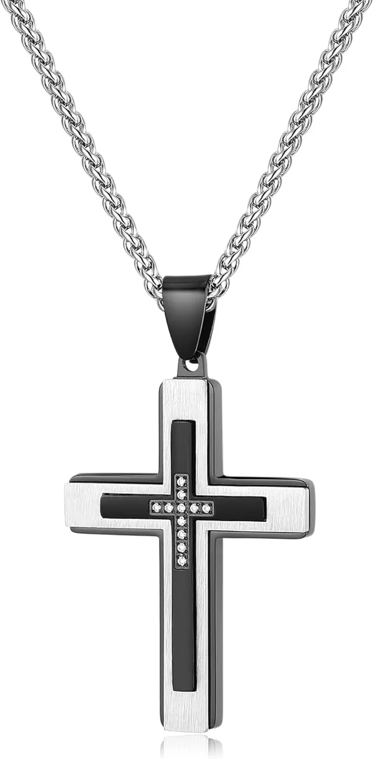 Cross Necklace for Men, Gold Stainless Steel Mens Cross Chain, Cubic Zirconia Cross Pendant Necklaces Christain Jewelry Gift Wheat Chain