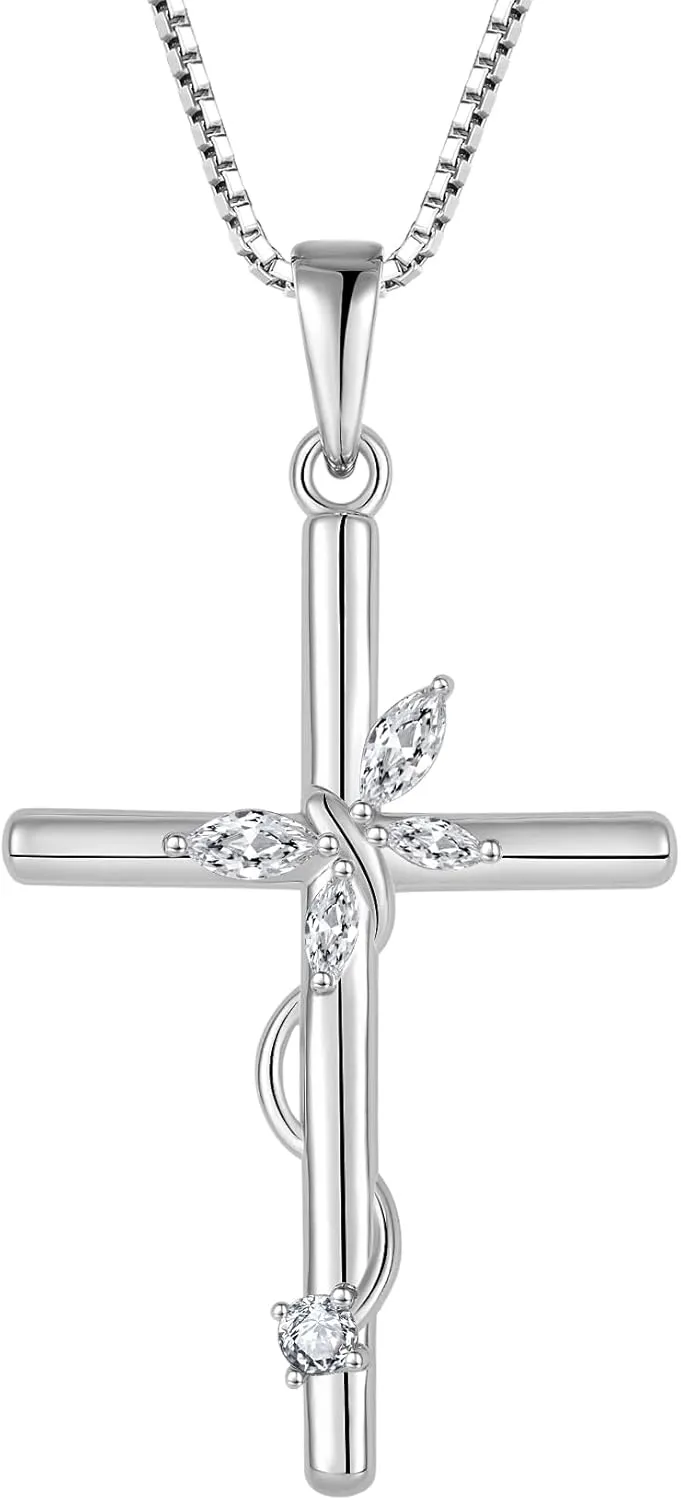 Cross Necklace for Women, 925 Sterling Silver Butterfly Cross Necklaces Birthstone Pendants Christian Crucifix Baptism Jewelry Gifts for Her