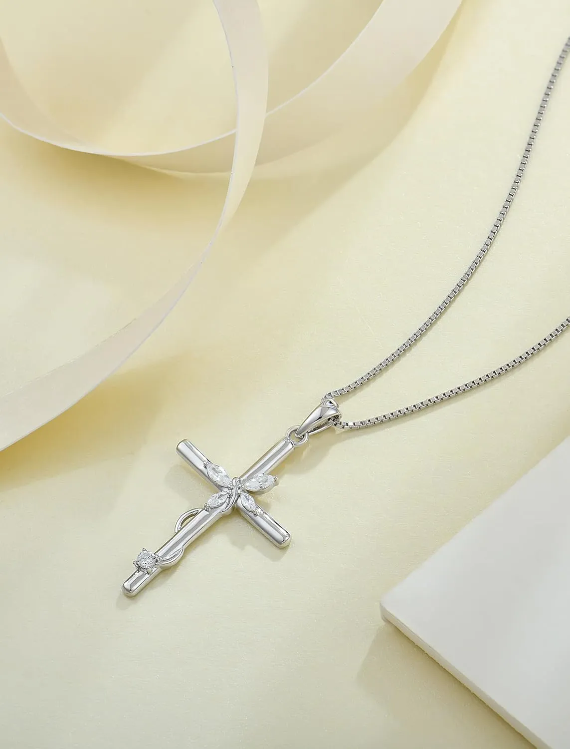 Cross Necklace for Women, 925 Sterling Silver Butterfly Cross Necklaces Birthstone Pendants Christian Crucifix Baptism Jewelry Gifts for Her