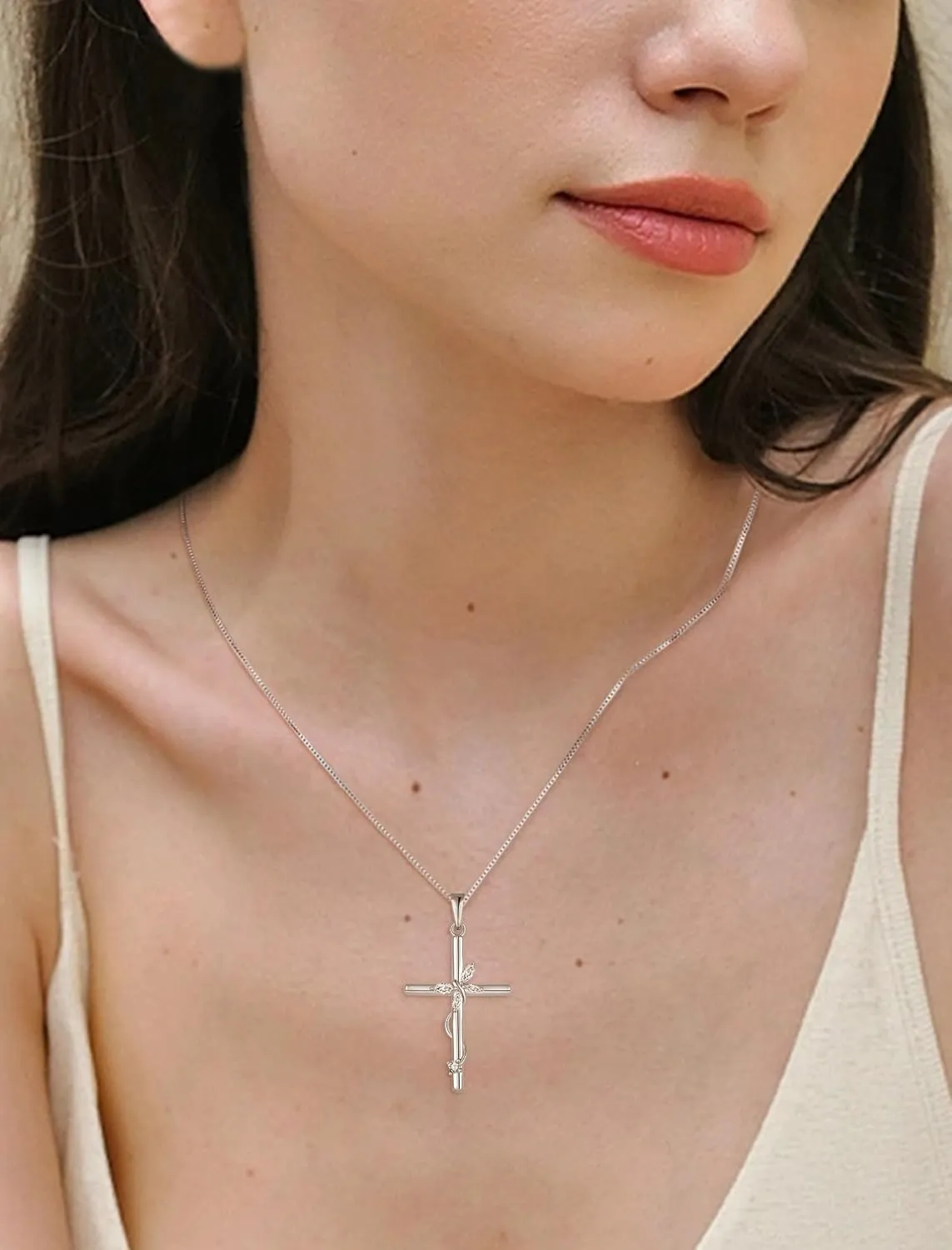 Cross Necklace for Women, 925 Sterling Silver Butterfly Cross Necklaces Birthstone Pendants Christian Crucifix Baptism Jewelry Gifts for Her