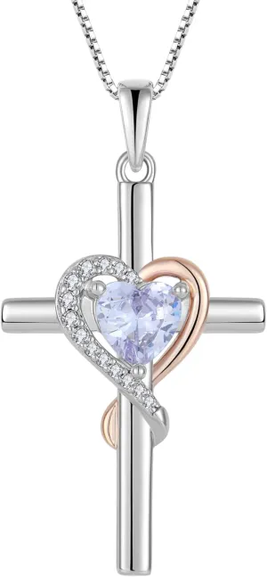 Cross Necklace for Women, 925 Sterling Silver Infinity Cross Necklaces Heart Birthstone Pendants Christian Crucifix Baptism Jewelry Gifts for Her