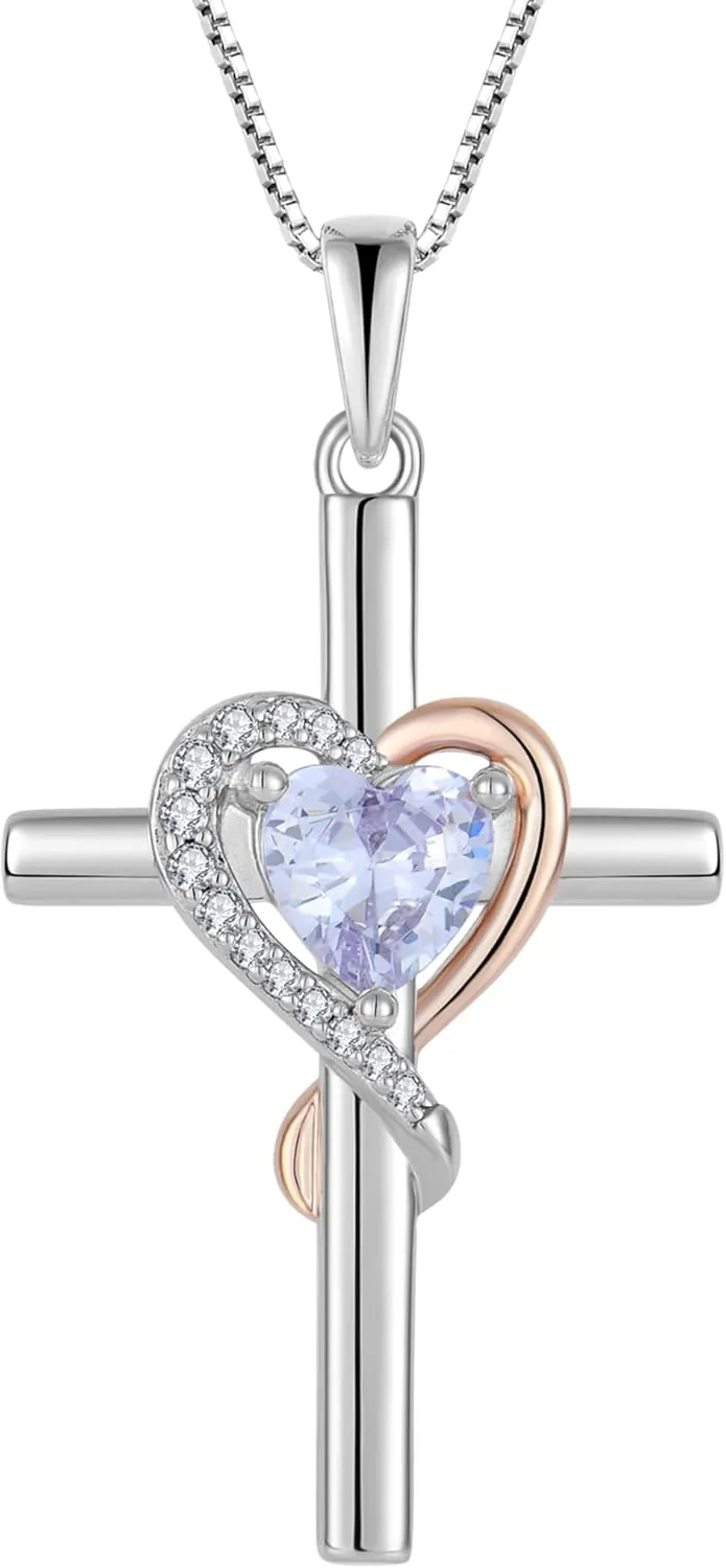 Cross Necklace for Women, 925 Sterling Silver Infinity Cross Necklaces Heart Birthstone Pendants Christian Crucifix Baptism Jewelry Gifts for Her