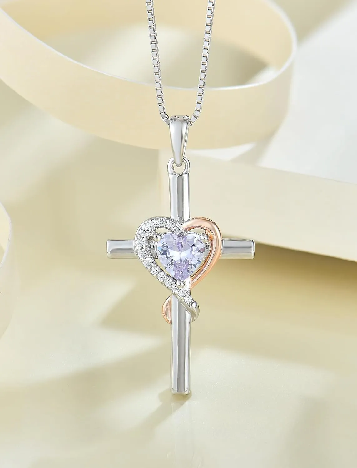 Cross Necklace for Women, 925 Sterling Silver Infinity Cross Necklaces Heart Birthstone Pendants Christian Crucifix Baptism Jewelry Gifts for Her