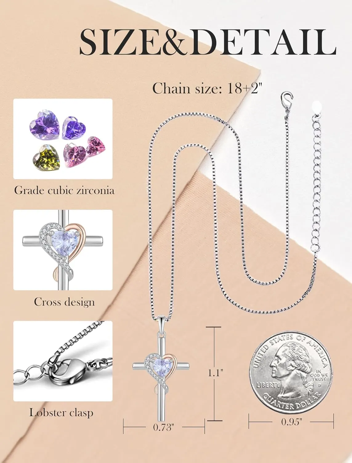 Cross Necklace for Women, 925 Sterling Silver Infinity Cross Necklaces Heart Birthstone Pendants Christian Crucifix Baptism Jewelry Gifts for Her
