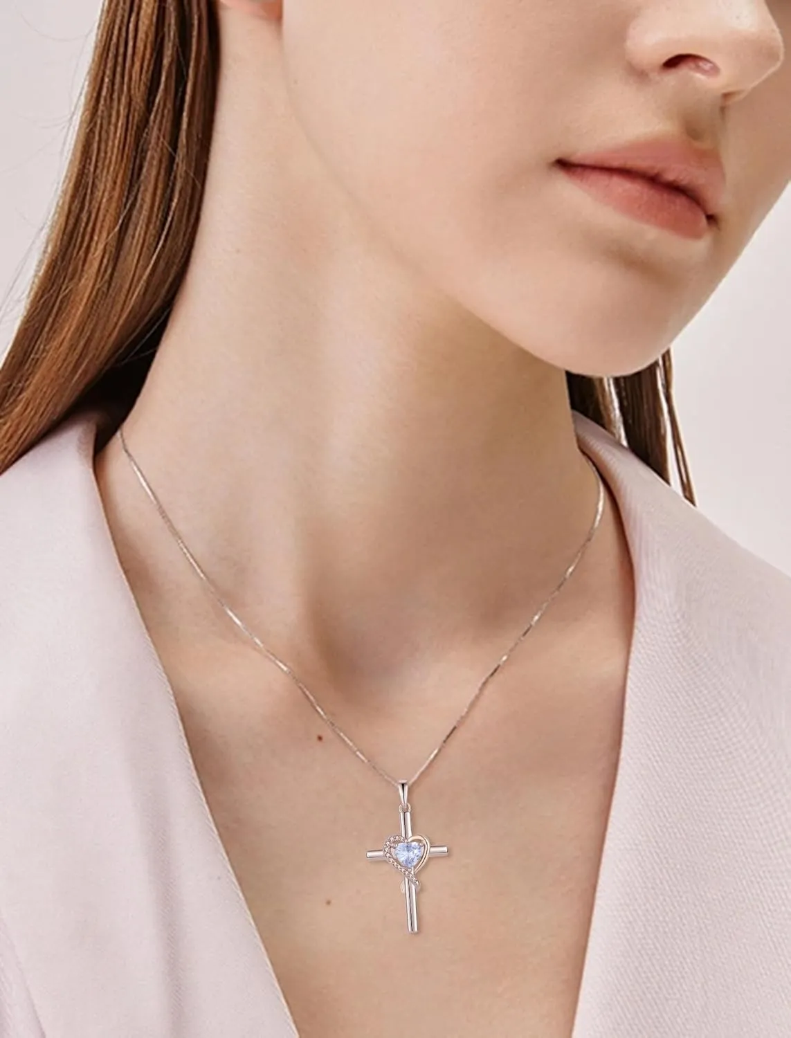 Cross Necklace for Women, 925 Sterling Silver Infinity Cross Necklaces Heart Birthstone Pendants Christian Crucifix Baptism Jewelry Gifts for Her