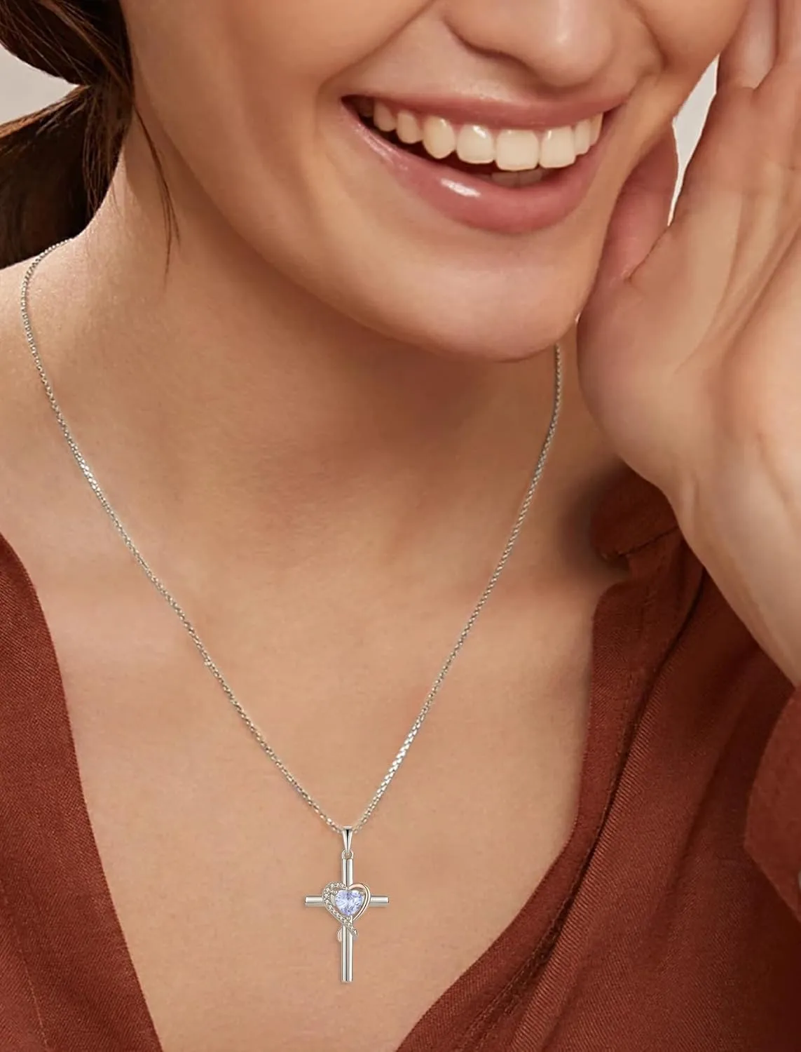 Cross Necklace for Women, 925 Sterling Silver Infinity Cross Necklaces Heart Birthstone Pendants Christian Crucifix Baptism Jewelry Gifts for Her