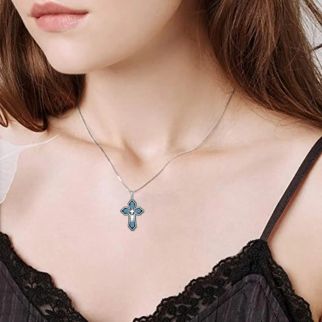 Cross Necklace for Women Southwestern Jade/Red Agate/Lapis/Turquoise Cross Pendant 925 Sterling Silver Religious Cross Pendant Jewelry for Her