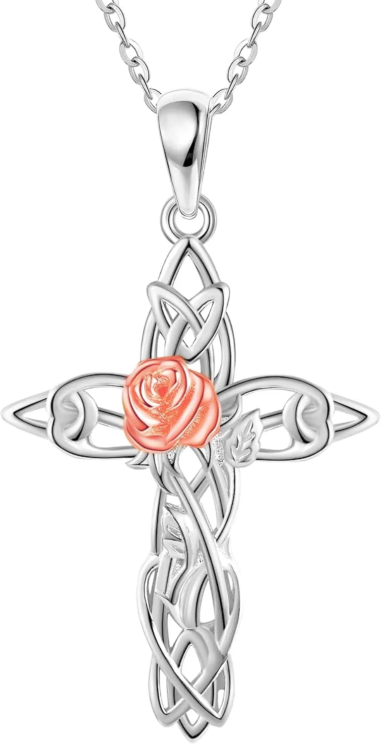 Cross Necklace S925 Sterling Silver Bee/Rose/Hummingbird/Butterfly/Cardinal Cross Necklaces Faith Christian Jewelry Gifts For Women