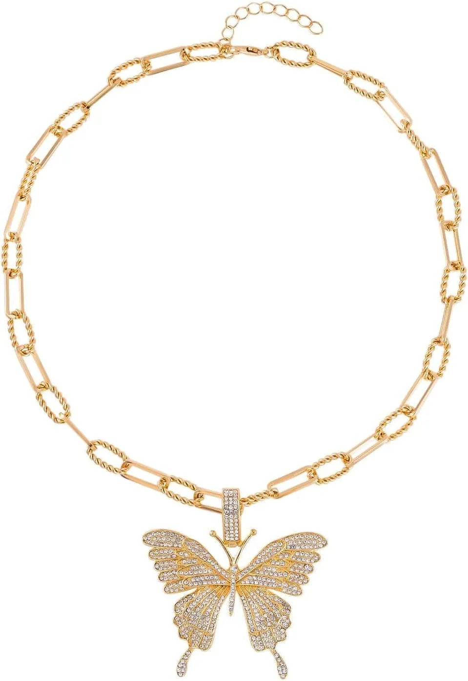Crystal Butterfly Necklace 20 Inches with 2 Inch Extender in Rose/Silver/Goldtone - Butterfly Necklaces for Women Butterfly Jewelry Paperclip Chain Necklace Butterfly Birthday Gifts for Women