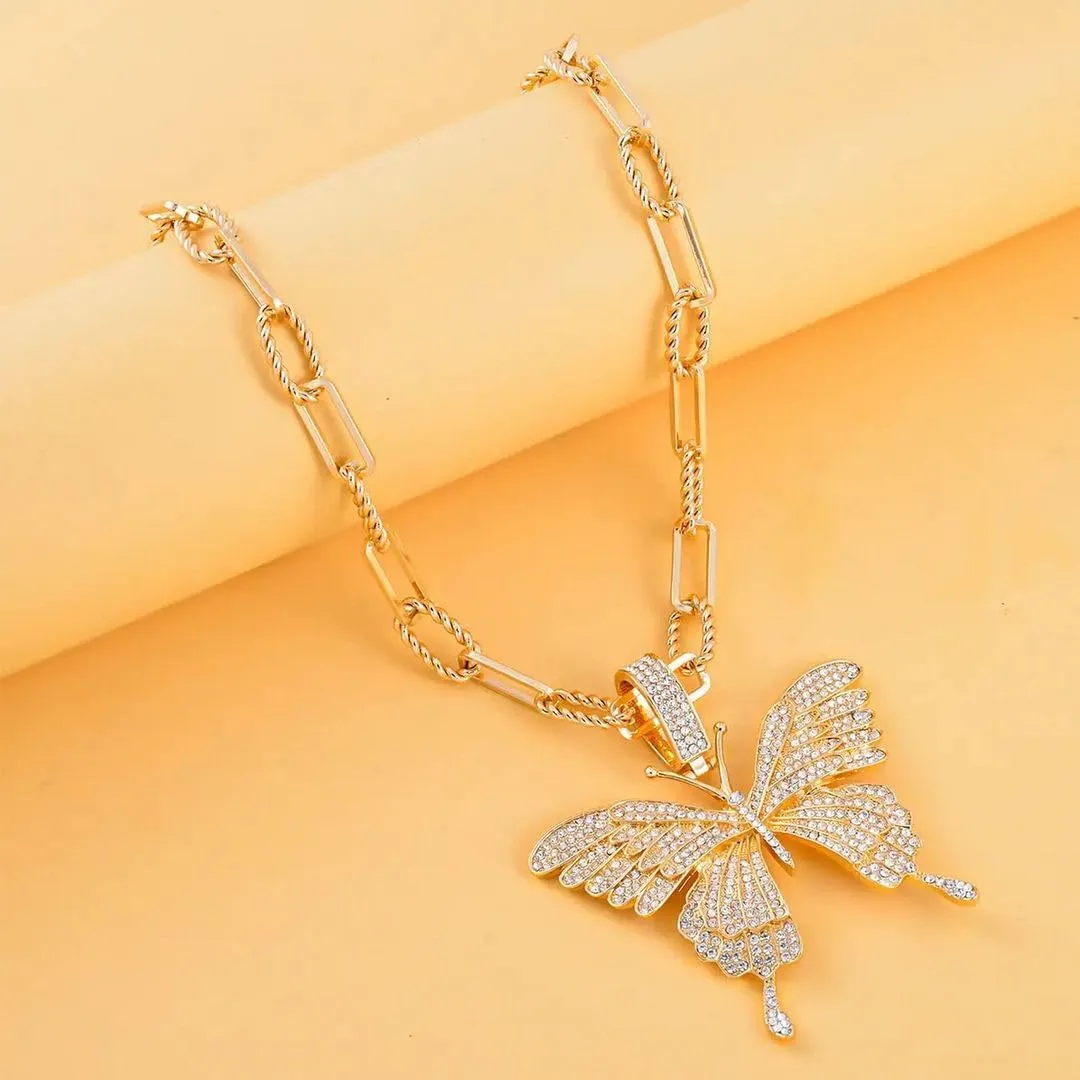 Crystal Butterfly Necklace 20 Inches with 2 Inch Extender in Rose/Silver/Goldtone - Butterfly Necklaces for Women Butterfly Jewelry Paperclip Chain Necklace Butterfly Birthday Gifts for Women