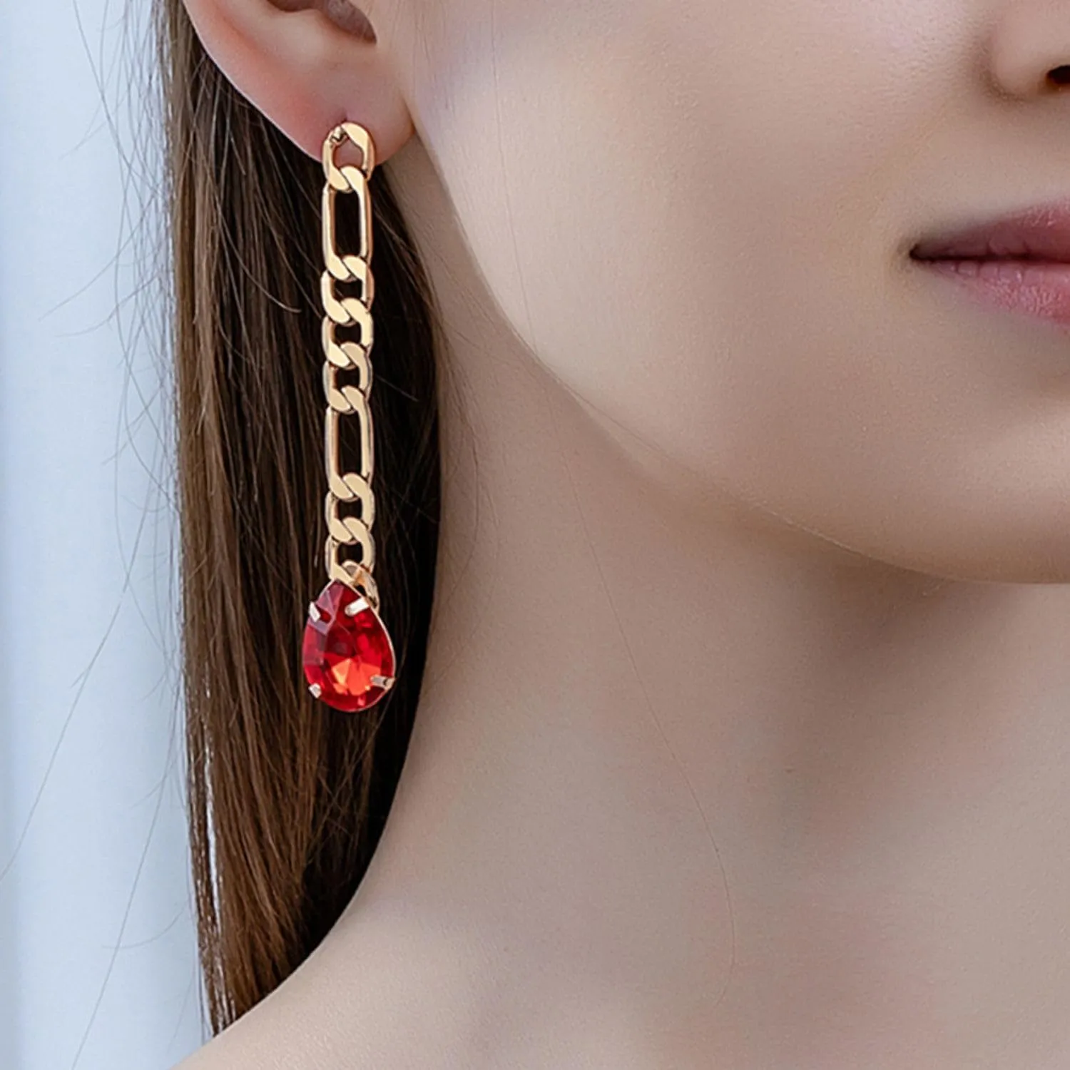 Crystal Colorful Waterdrop Long Dangle Earrings for Women Geometric Cuban Chain Statement Ear Pendants Party Costume Jewelry