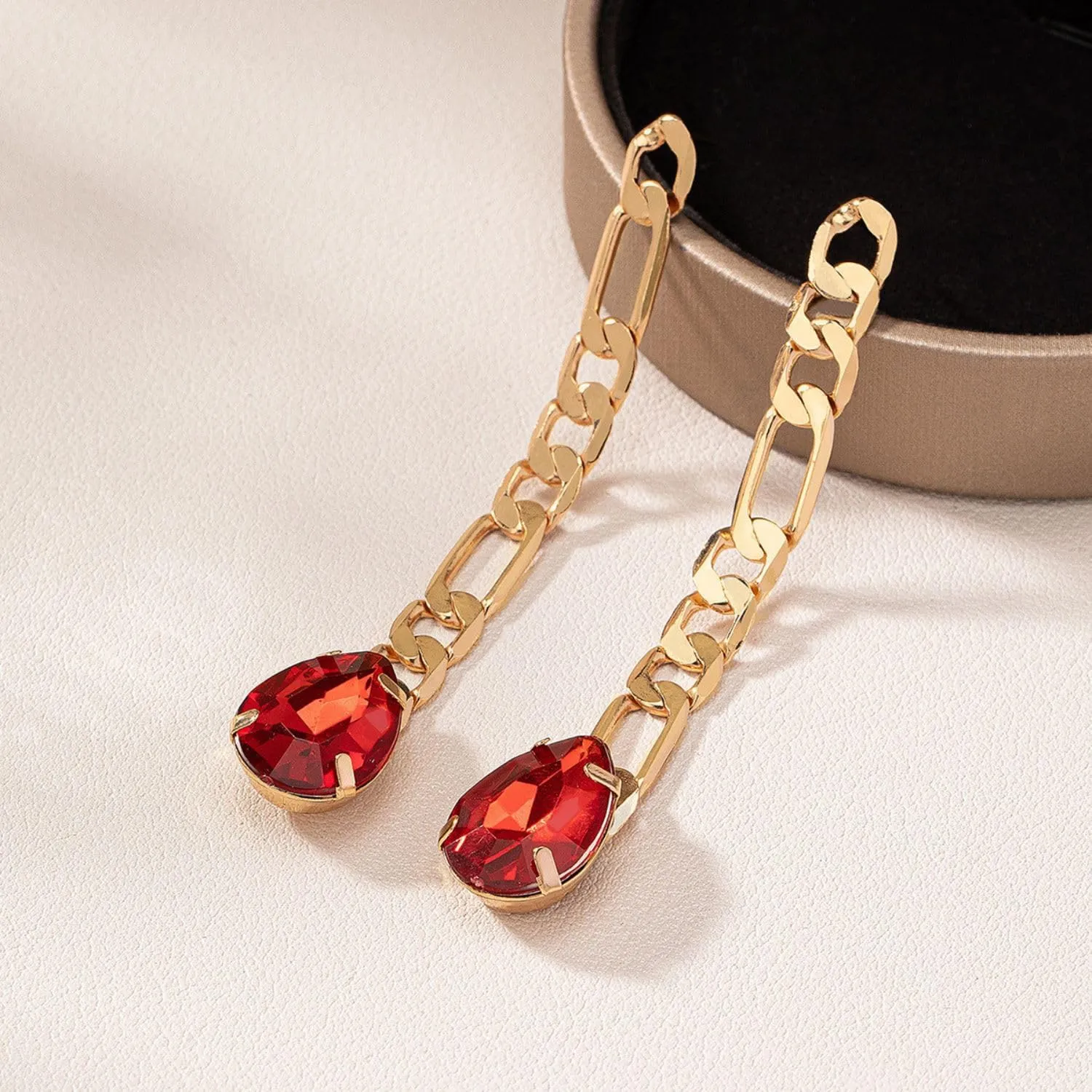 Crystal Colorful Waterdrop Long Dangle Earrings for Women Geometric Cuban Chain Statement Ear Pendants Party Costume Jewelry