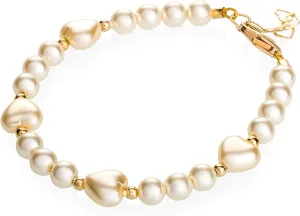 Crystal Dream Elegant Heart Gold Beads Luxury 14KT Gold-Filled Baby Girl Bracelet with Ivory European Simulated Pearls (BHII)
