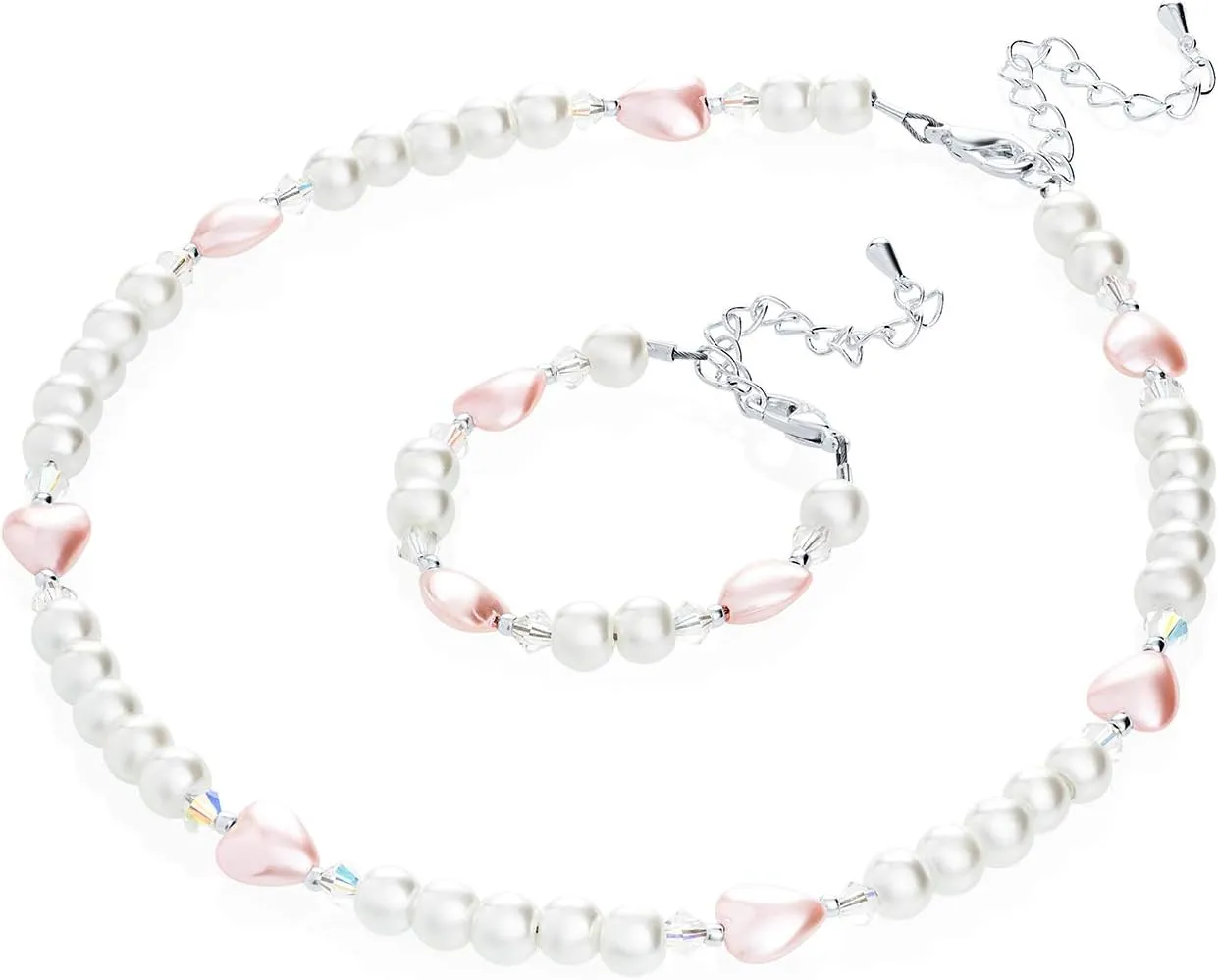 Crystal Dream Elegant White Simulated Pearl Heart Beads Infant Girl Necklace and Bracelet Gift Set (GSH_WP_ALL)