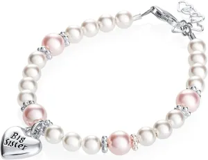 Crystal Dream Luxury Pink White Simulated Simulated Pearls Sterling Silver Big Sister Charm Keepsake Baby Girl Bracelet (BBSC)