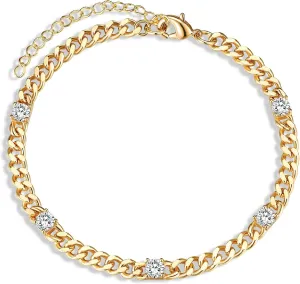 Cuban Chain 5pcs Cubic Zirconia Gold Bracelets for Women 14K Real Gold Plated Sparkle Simulated Diamond Curb Cable Link Infinity Bracelets Trendy Dainty Gold Bracelet for Men Women Friends