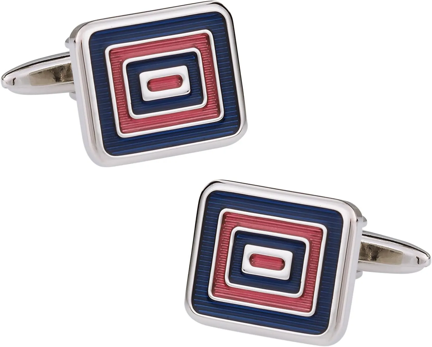 Cuff-Daddy Bold Red and Blue Rectangular Bullseye Silver Cufflinks with Presentation Gift Box | Smooth Cuff Links Wedding Gift for Men Groom Business