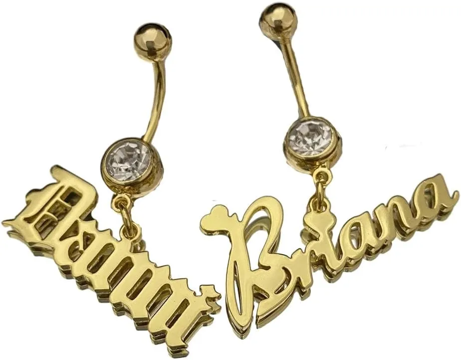 Custom Crystal Name Belly Button Rings, Personalized Women's Clear Gemstone Belly Button Nail with Name Pendant Charming Zircon Navel Body Jewelry Umbilical nail,Rose,One size