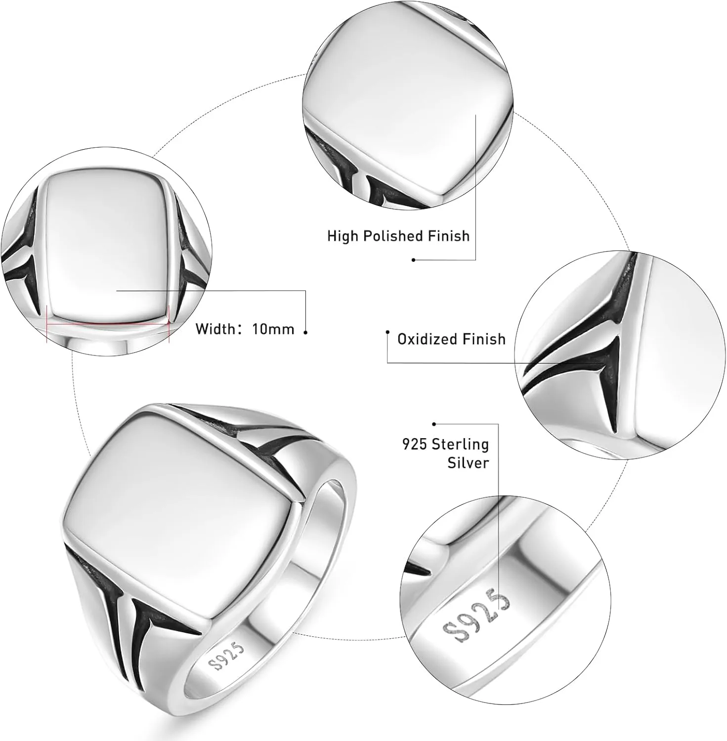 Customizable Name Signet Ring for Men 14K Gold Plated|925 Sterling Silver Mens Ring Classic Square Signet Engagement Ring Wedding Band for Men Polished Finish Width Band 10mm Size 7-12