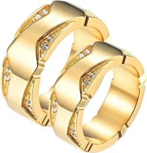Daesar Couple Wedding Rings Set, Engagement Ring for Women and Men Stainless Steel 8.7MM Polished Wave with Round Cubic Zirconia Gold