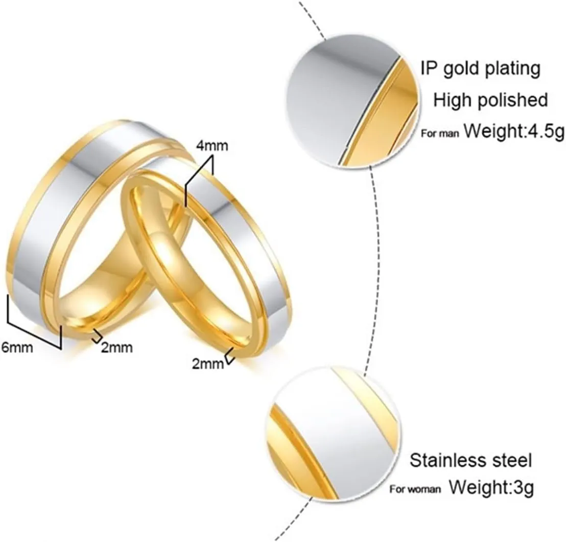 Daesar Matching Band Rings for Couples, Engagement Ring for Women and Men Stainless Steel Polished 4/6MM Round Silver Gold
