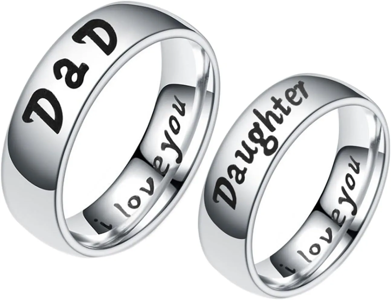 Daesar Promise Rings Couples Set, Women and Men Engagement Ring Stainless Steel Polished Round 6MM Dad/Daughter I love you Silver