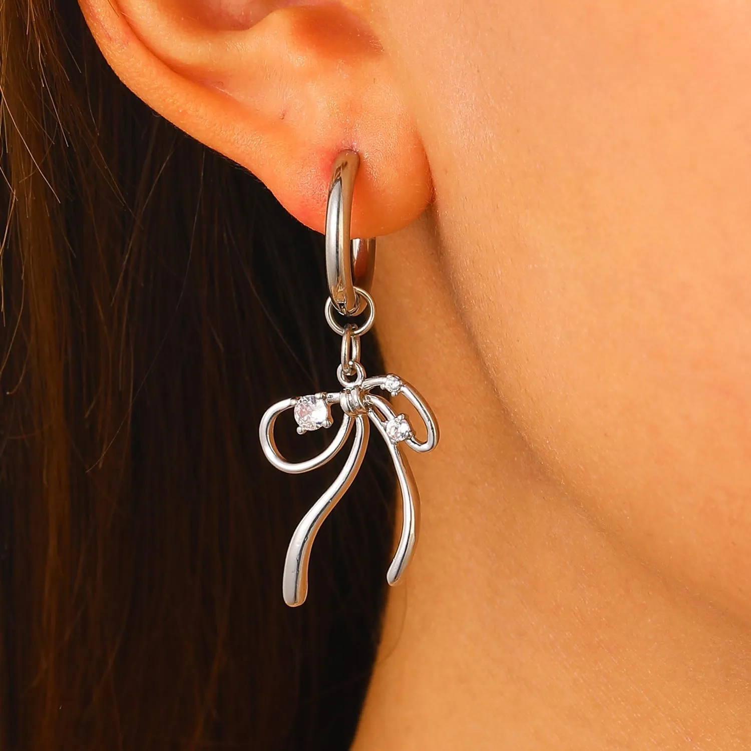 Dainty Gold Bow Crystal Earrings for Women Trendy Bowknot Drop Dangle Earrings Silver Small Hoop Earrings Birthday Holiday Jewelry Accessories