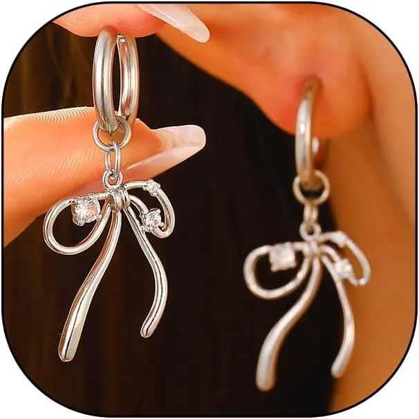 Dainty Gold Bow Crystal Earrings for Women Trendy Bowknot Drop Dangle Earrings Silver Small Hoop Earrings Birthday Holiday Jewelry Accessories