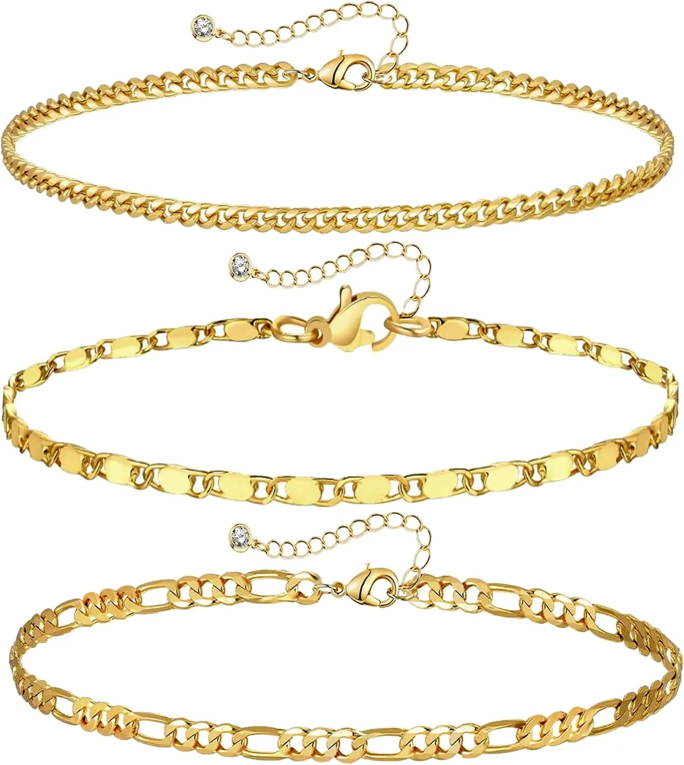 Dainty Gold Layered Ankle Bracelet Stacks Set for Women,3PCS Trendy non-Tarnish Paperclip Beads Link Stackable Rhinestone Anklet Summer Beach Fashion Jewelry Gift