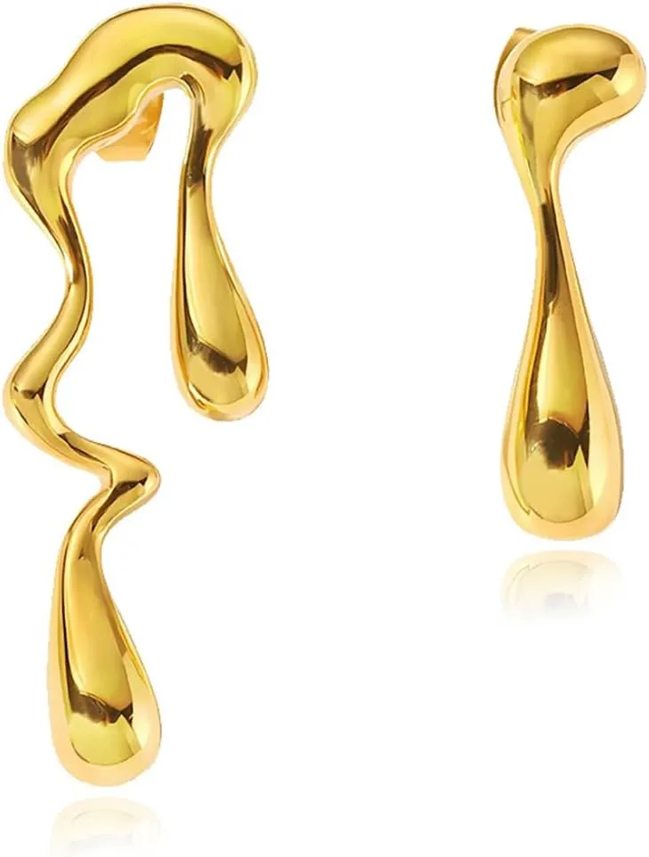 Dainty Irregular Ear Stud,14K Gold Plated Waterdrop Mismatched Earrings for Women,Unique Geometric Melting Liquid Non Tarnish Asymmetrical Earrings,Chic Y2k Statement Jewelry
