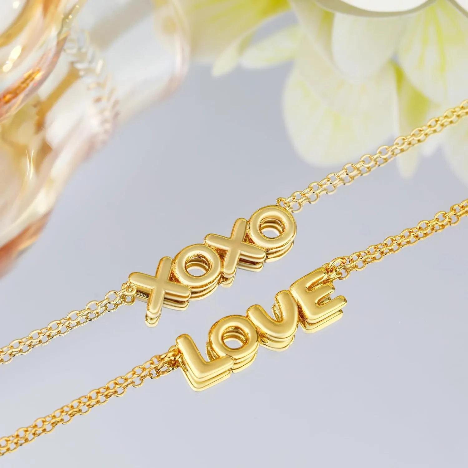 Dainty LOVE XOXO Word Bubble Letter Charm Necklace Gold Stack for Women, 18K Gold Plated Stainless Steel Chain Cute Pendant Personalized Necklaces Trendy Jewelry Valenstines Gifts