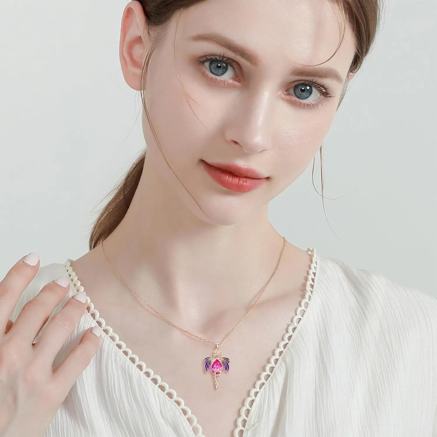 Dragon Necklace for Men Sterling Silver Birthstone Wyvern Necklace Embllished with Teardrop Shaped Crystal Jewelry for Women