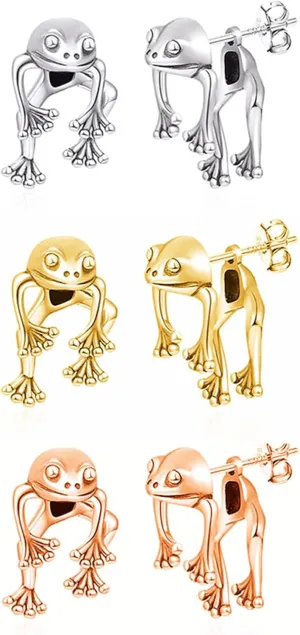 Dreuyet 3 Pairs Frog Earrings for Women 3D Funny Vintage Animal Stud Earrings Ethnic style Cool Frog Piercing Earrings Jewelry Gifts