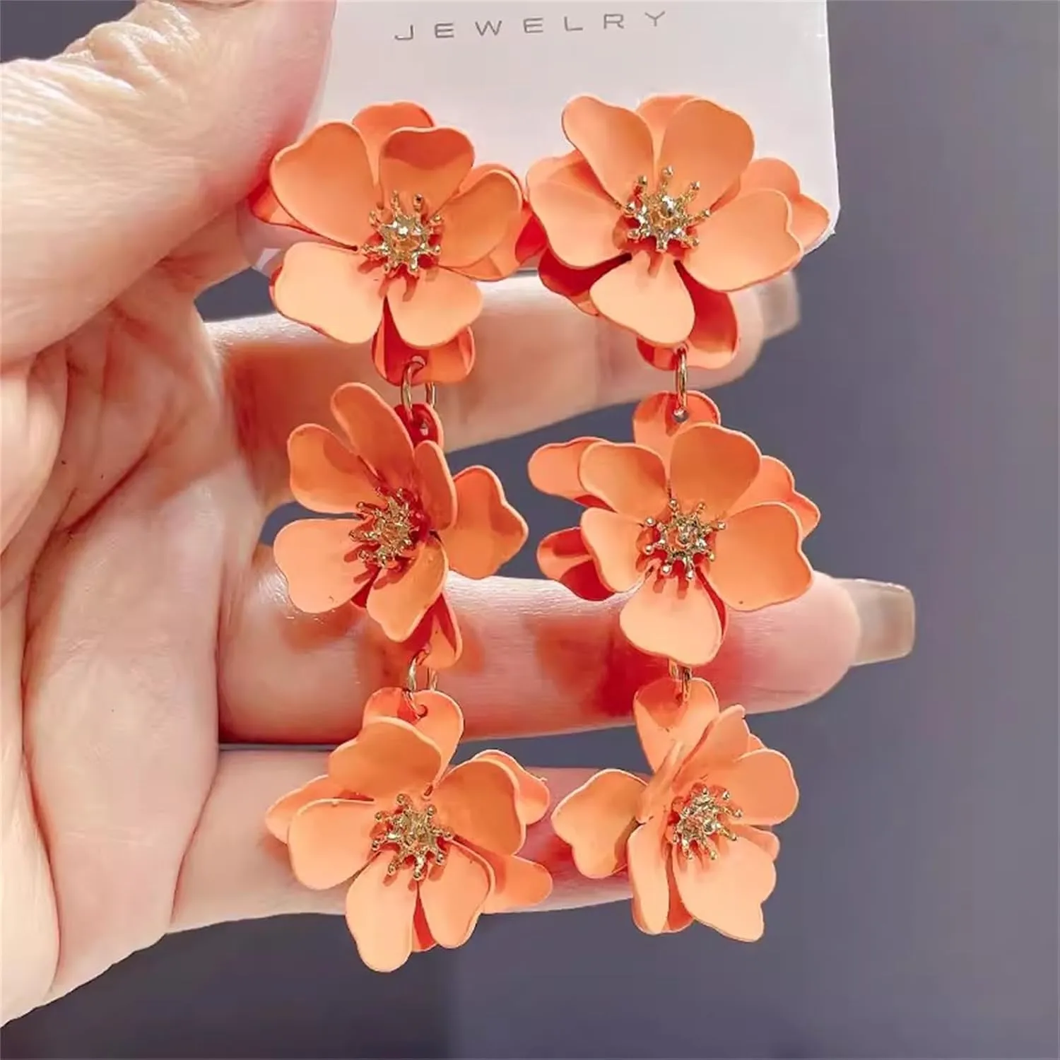 Dreuyet Boho Matte Poppy Floral Petal Drop Dangle Earrings for Women Exaggerated 3 Layer Tassel Flower Floral Petal Tiered Drop Earring Fashion Boho Tropical Wedding Jewelry