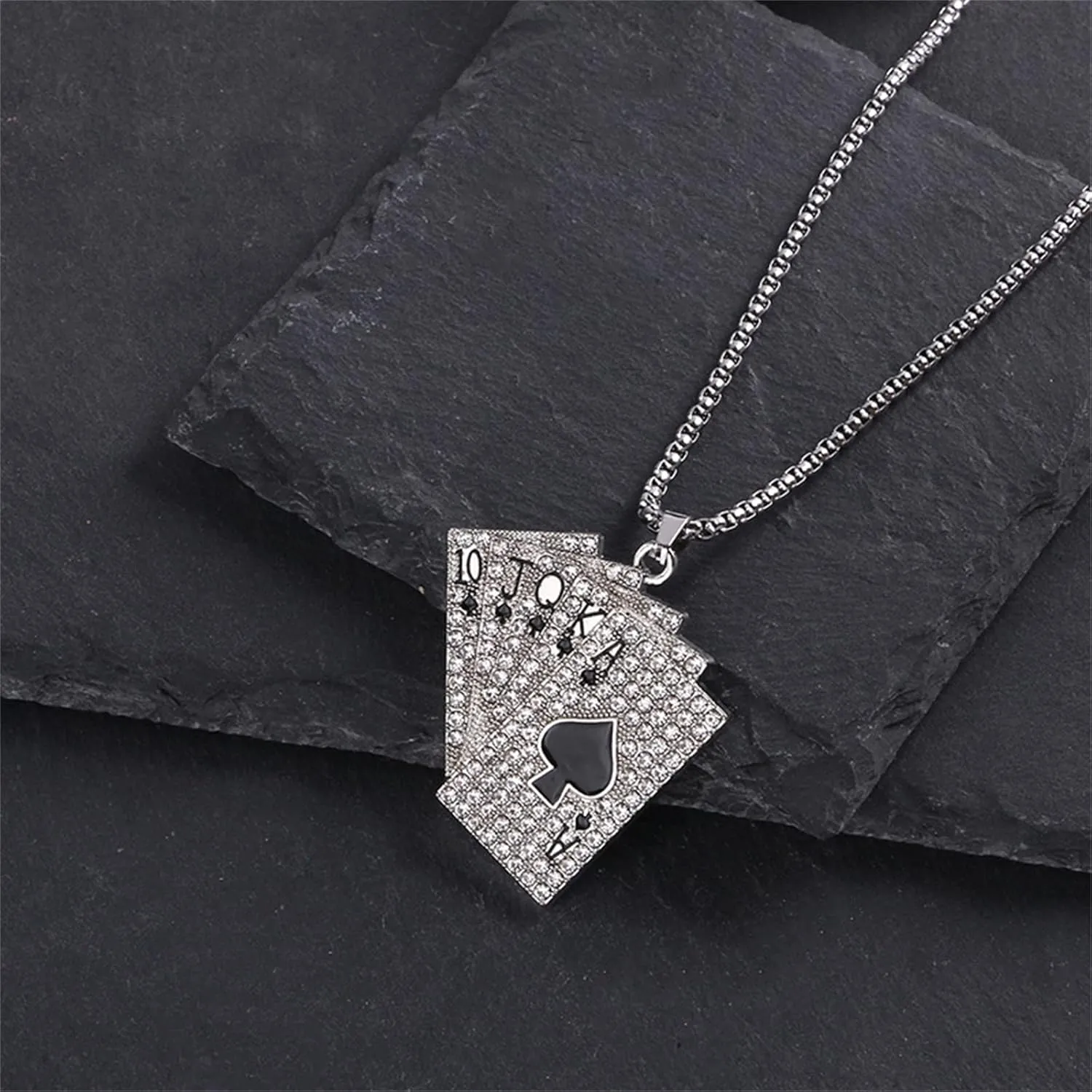 Dreuyet Playing Card Poker Tag Pendant Necklace for Women Men Punk Stainless Steel Good Luck Rock Ace of Spade Heart Royal Flush Games CZ Pendant Chain Necklace Hip Hop Unisex Jewelry Gift