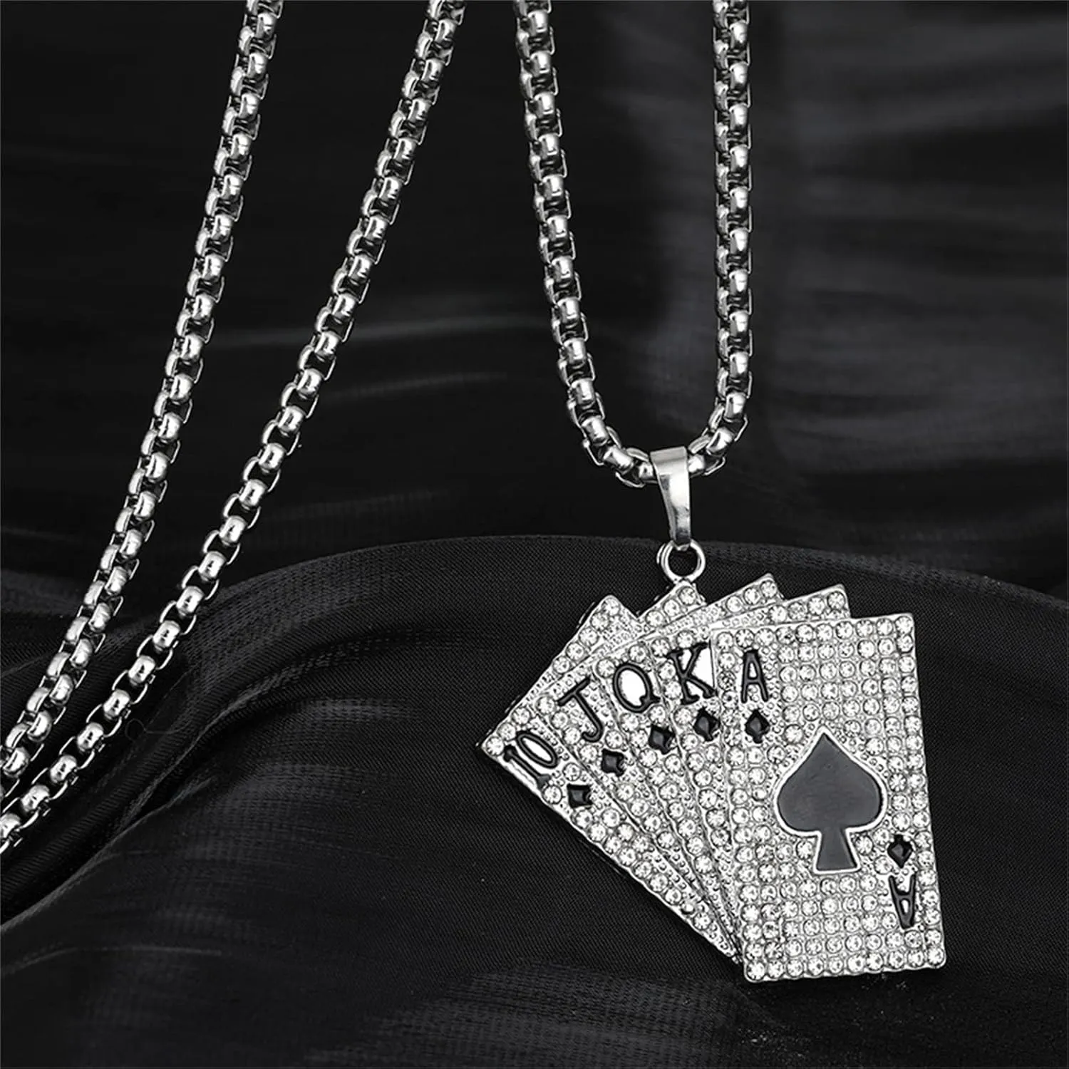 Dreuyet Playing Card Poker Tag Pendant Necklace for Women Men Punk Stainless Steel Good Luck Rock Ace of Spade Heart Royal Flush Games CZ Pendant Chain Necklace Hip Hop Unisex Jewelry Gift
