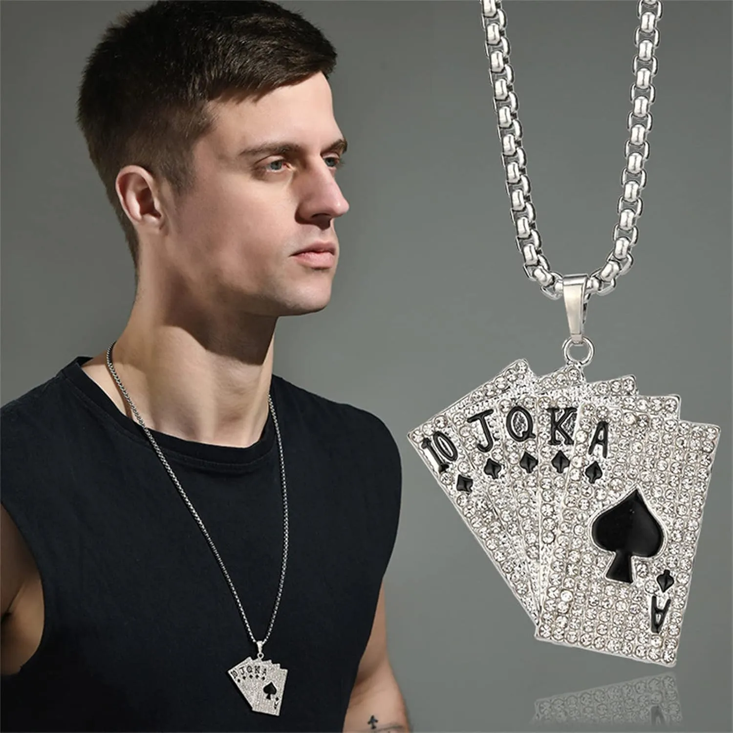 Dreuyet Playing Card Poker Tag Pendant Necklace for Women Men Punk Stainless Steel Good Luck Rock Ace of Spade Heart Royal Flush Games CZ Pendant Chain Necklace Hip Hop Unisex Jewelry Gift