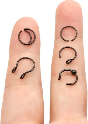Earmark 20G 5Pcs Adjustable 8MM Fake Nose Rings Hoop in High Polished Surgical Steel | Diameter 8MM | Color Gold - Silver - Black - Rainbow