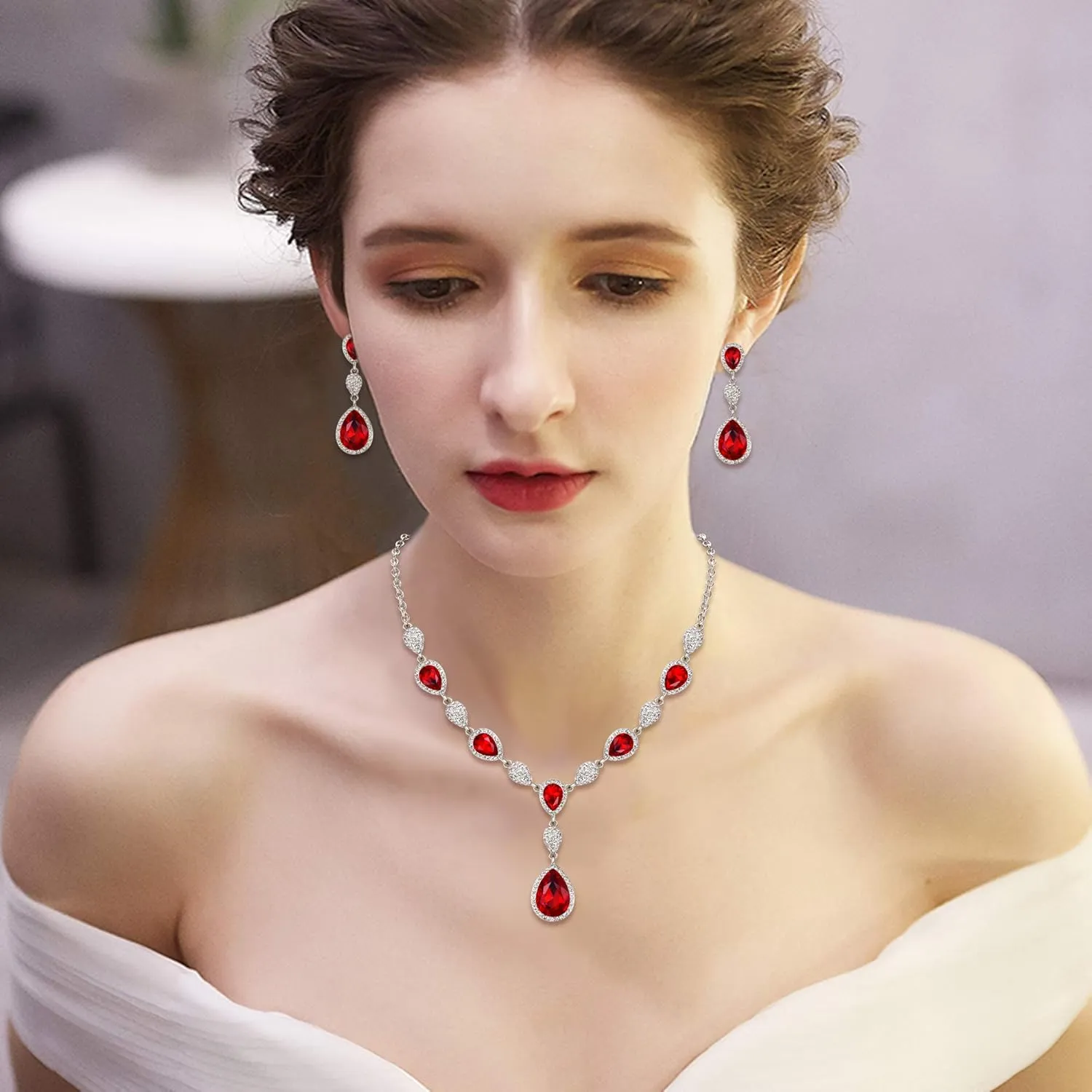 EleQueen Women's Cubic Zirconia Teardrop Y-Necklaces Dangle Earrings Jewelry Sets for Brides Bridesmaids
