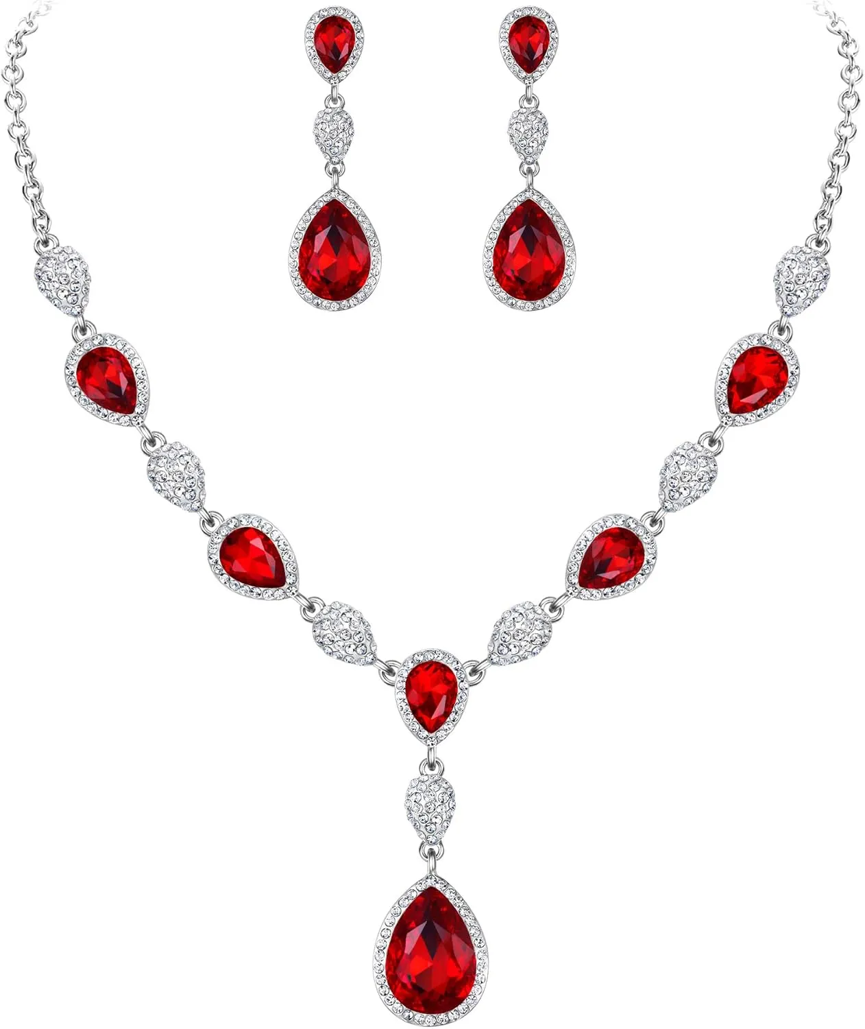 EleQueen Women's Cubic Zirconia Teardrop Y-Necklaces Dangle Earrings Jewelry Sets for Brides Bridesmaids