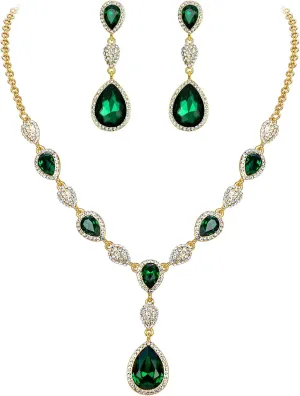EleQueen Women's Cubic Zirconia Teardrop Y-Necklaces Dangle Earrings Jewelry Sets for Brides Bridesmaids