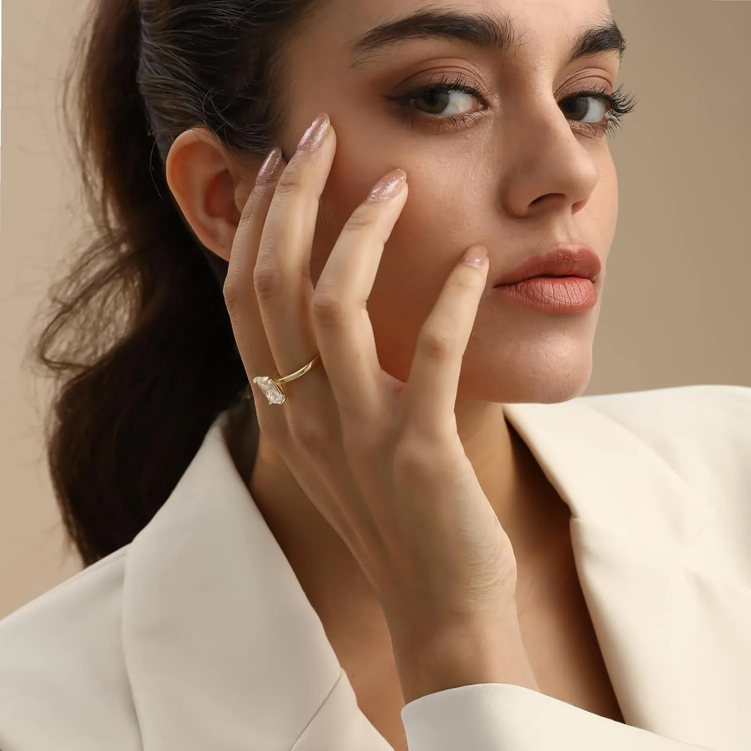 Engagement Rings for Women 14K Gold Plated Rectangle Cubic Zirconia Ring Dainty Gold Promise Ring Wedding Band Rings for Women Trendy Gold Jewelry