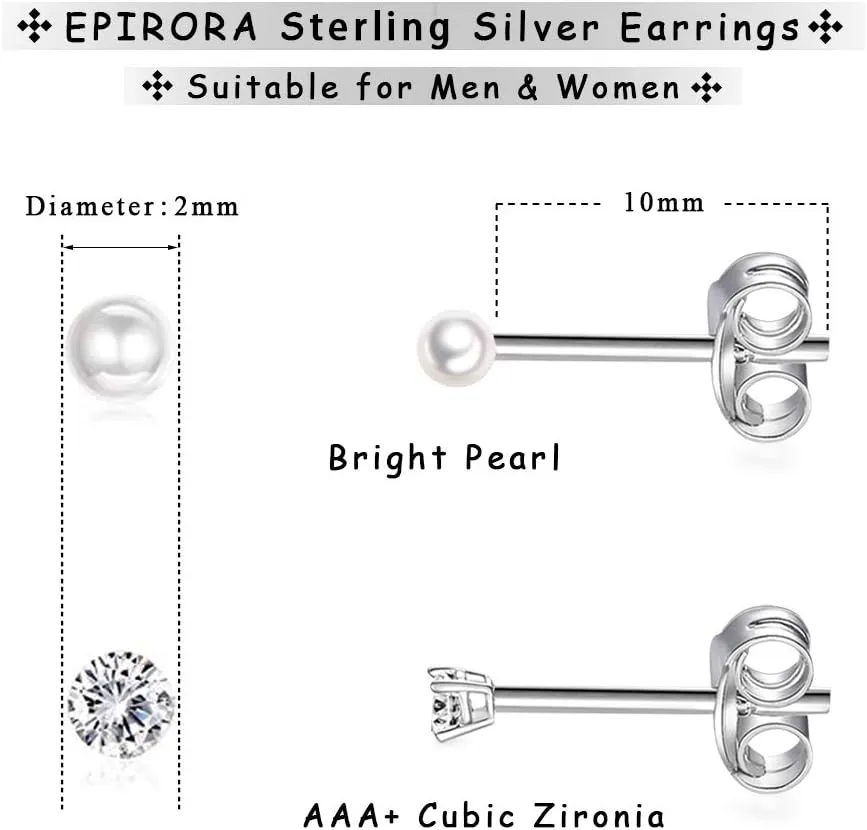 EPIRORA Sterling Silver Stud Earrings for Women- 2 Pairs of Small Cartilage Tragus Stud Earrings Set, 2mm Tiny Cubic Zirconia Earrings Round Ball Earrings & Pearl Earrings