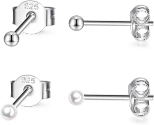 EPIRORA Sterling Silver Stud Earrings for Women- 2 Pairs of Small Cartilage Tragus Stud Earrings Set, 2mm Tiny Cubic Zirconia Earrings Round Ball Earrings & Pearl Earrings