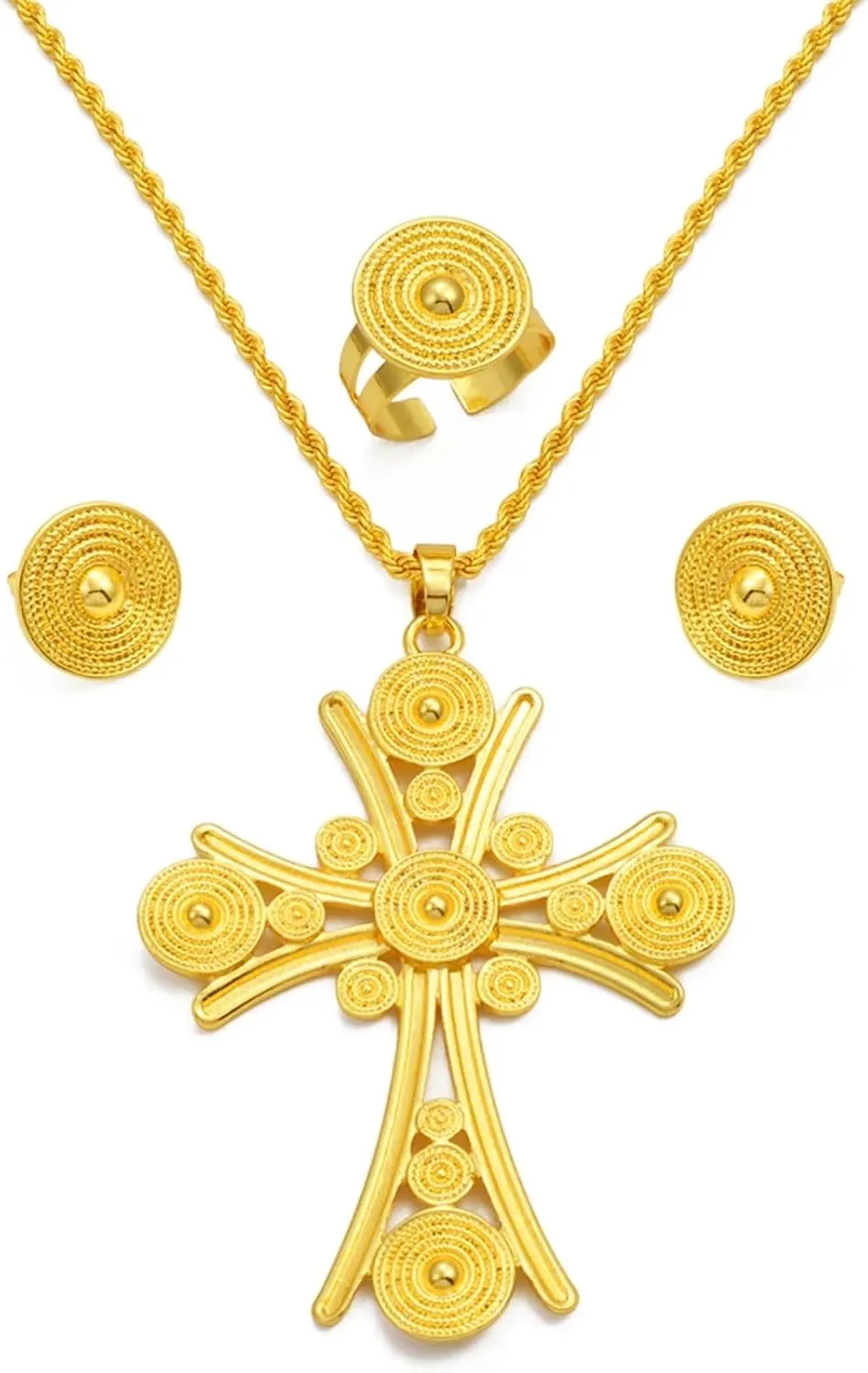 Ethiopian Jewelry Set for Women - Traditional Eritrean Ethnic Set With Big Cross Pendant Necklaces, Earrings, Rings - Africa